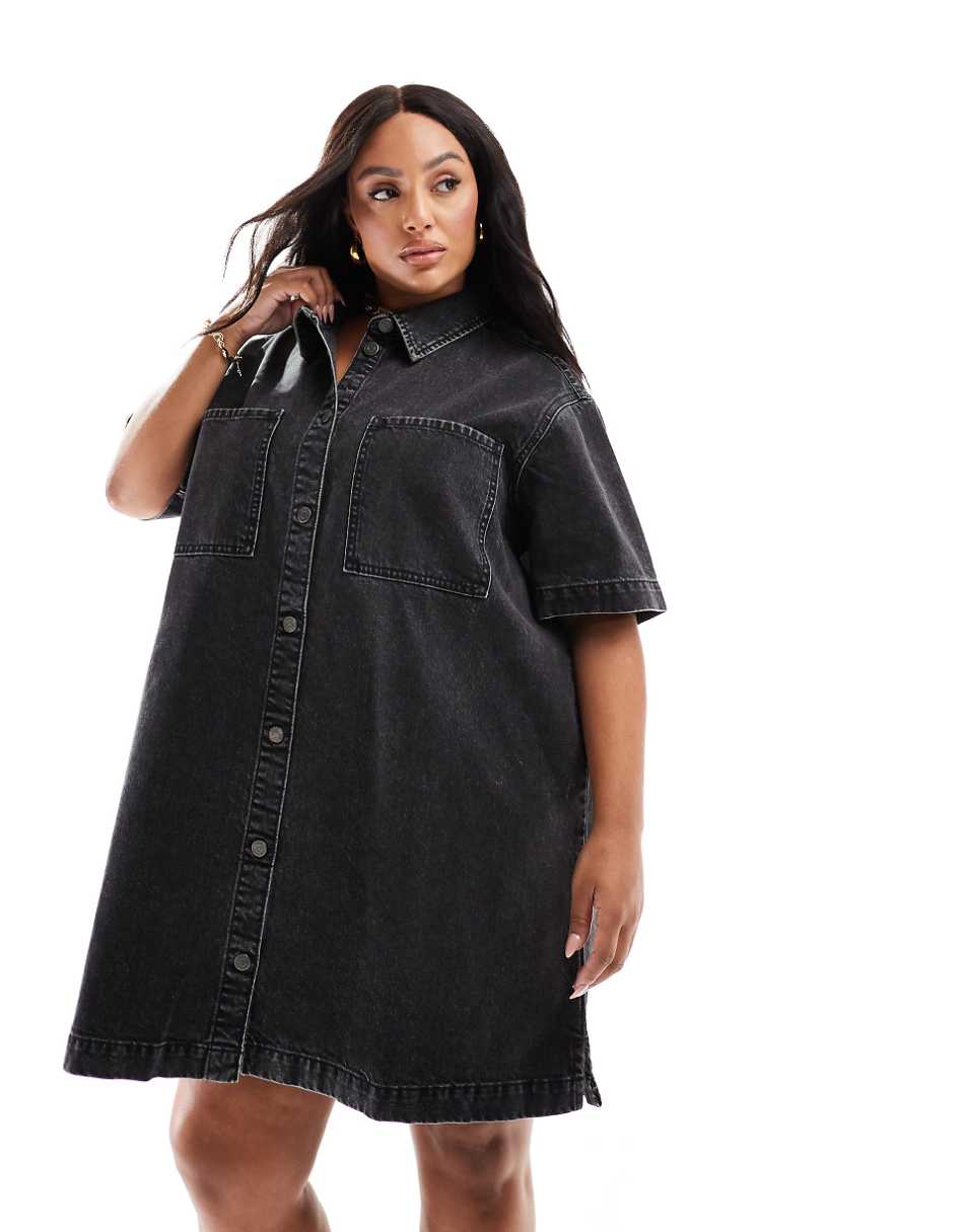 ASOS DESIGN Curve short sleeve denim shirt dress in wash black