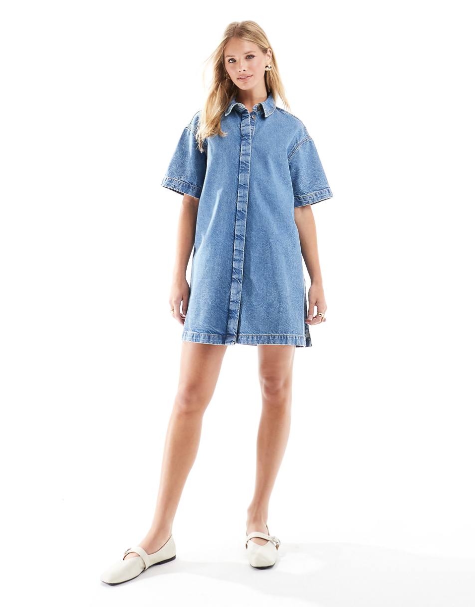 ASOS DESIGN short sleeve denim shirt dress in midwash blue