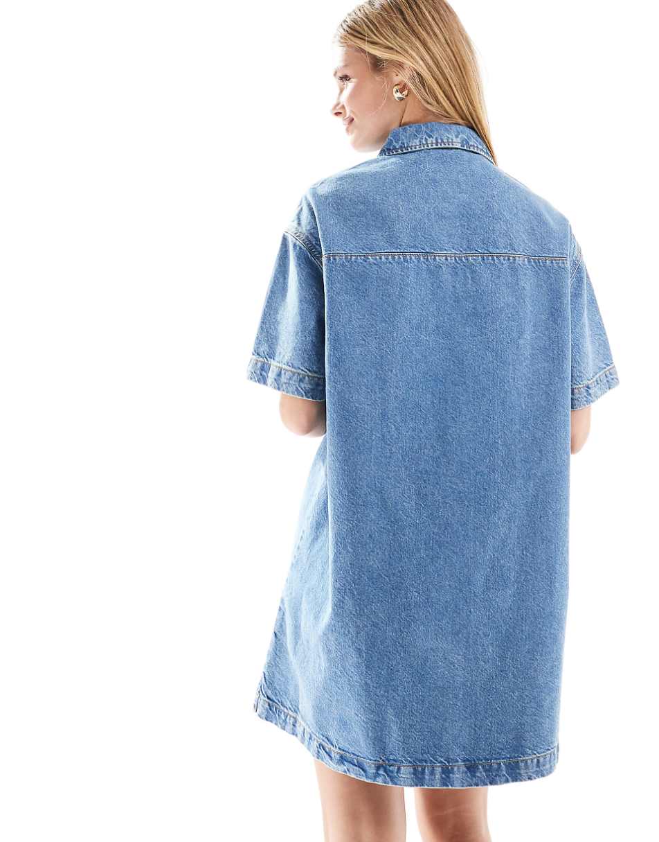 ASOS DESIGN short sleeve denim shirt dress in midwash blue