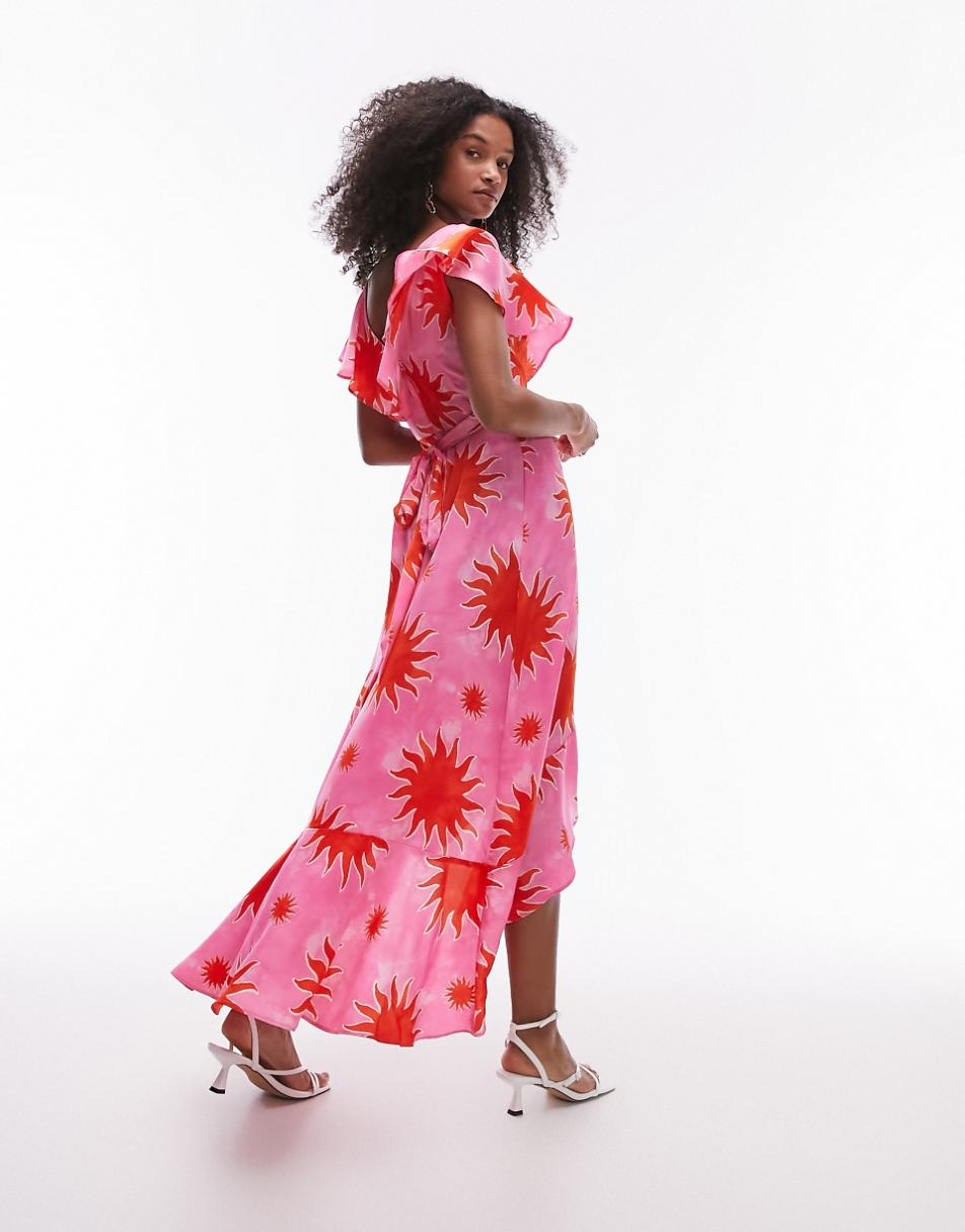 Topshop frill wrap maxi dress in pink and red splodge print