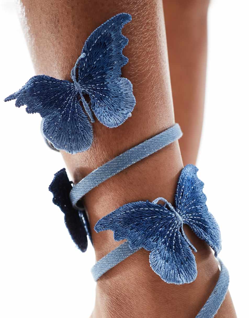 Simmi London Chenda spiral heeled sandals with butterflies in blue denim