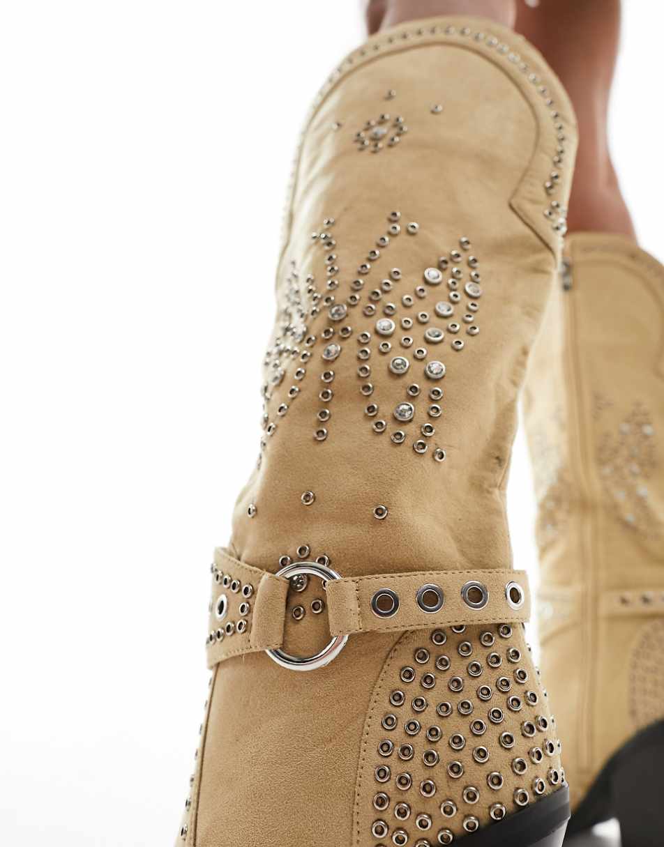 Simmi London Wide Fit Delano butterfly embellished western boot in taupe micro