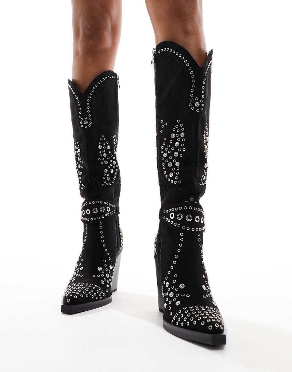 Simmi London Wide Fit Delano butterfly embellished western boots in black micro