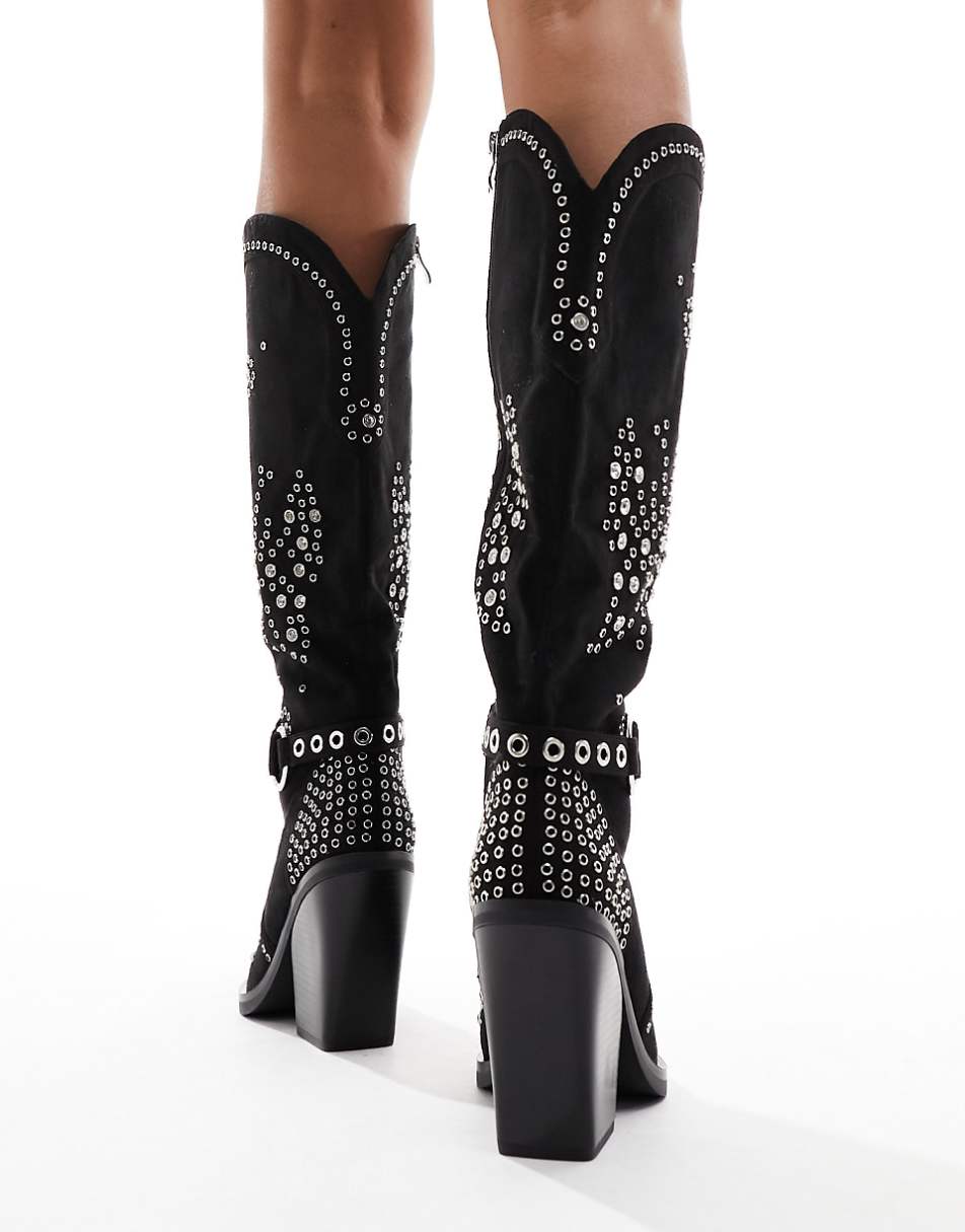 Simmi London Wide Fit Delano butterfly embellished western boots in black micro