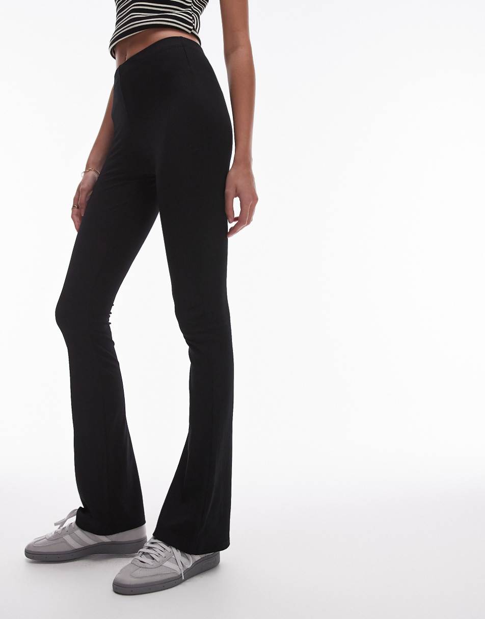 Topshop Tall skinny ribbed flared pants in black