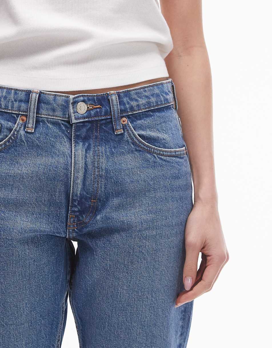 Topshop cropped mid rise straight jeans with raw hems in mid blue