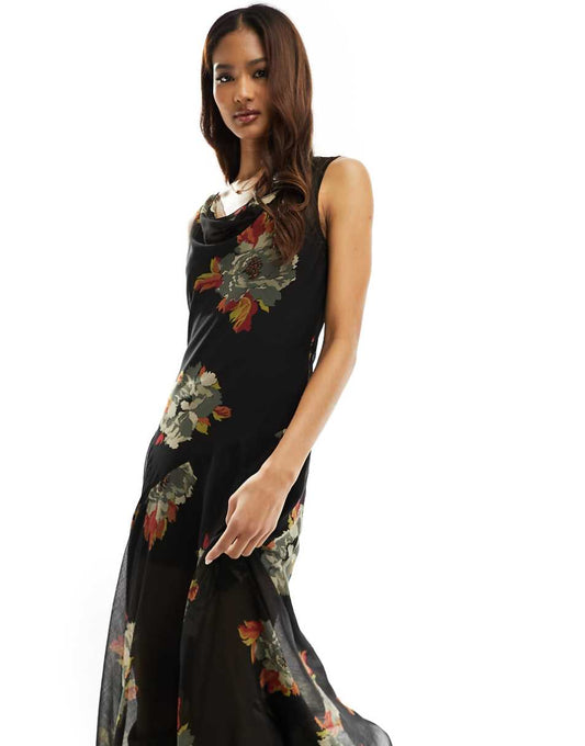 ASOS DESIGN cowl neck midi dress in vintage floral print