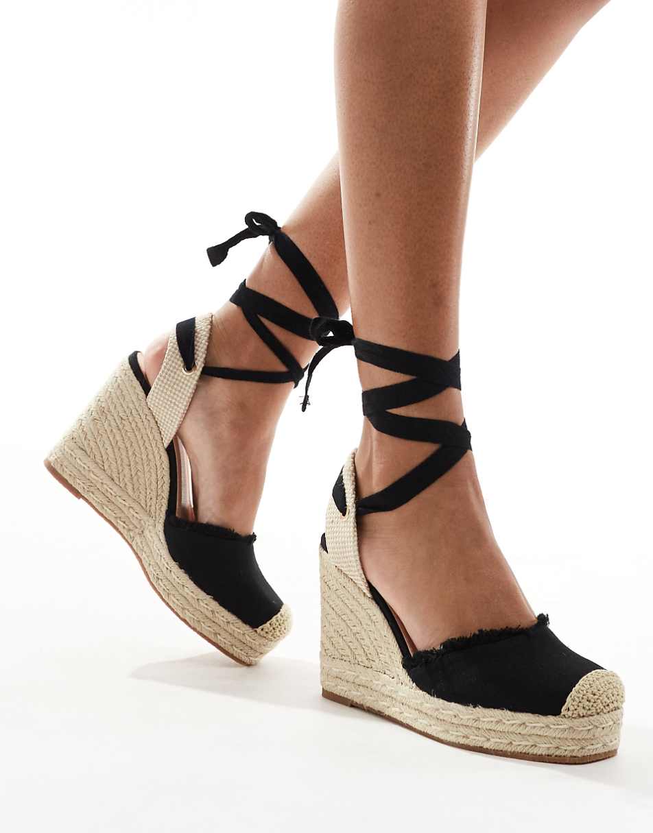 Truffle Collection jute wedge strappy espadrilles in black