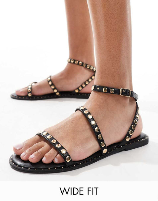 Truffle Collection Wide Fit studded strappy sandals in black