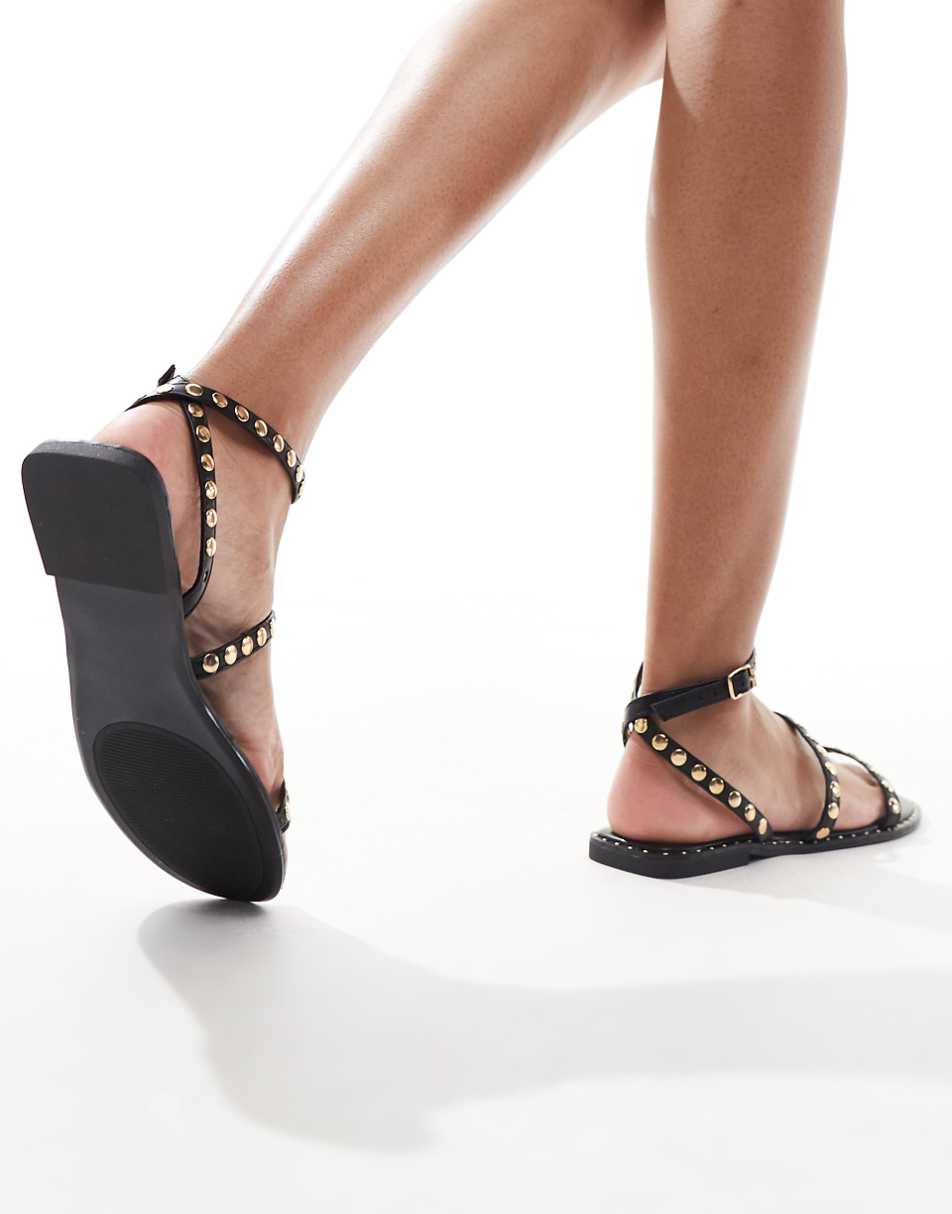 Truffle Collection Wide Fit studded strappy sandals in black