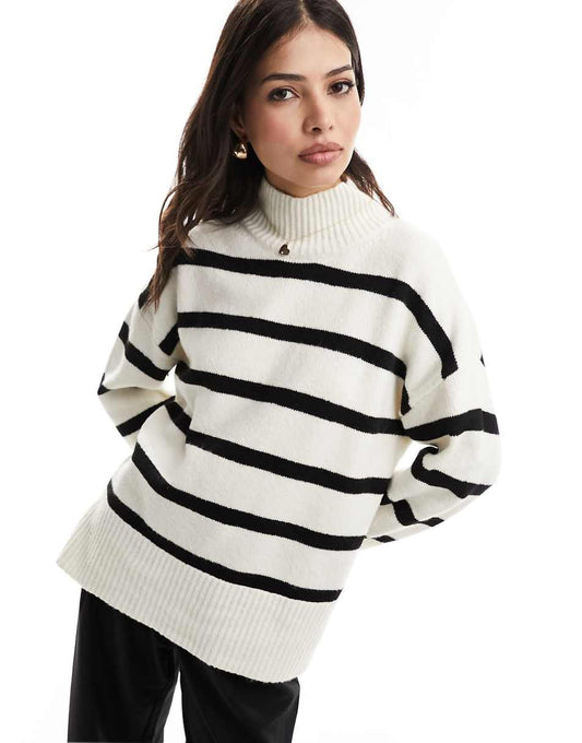 ASOS DESIGN longline sweater with high neck in cream and black stripe