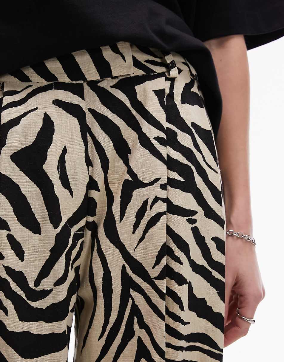 Topshop zebra printed wide leg linen pants in monochrome