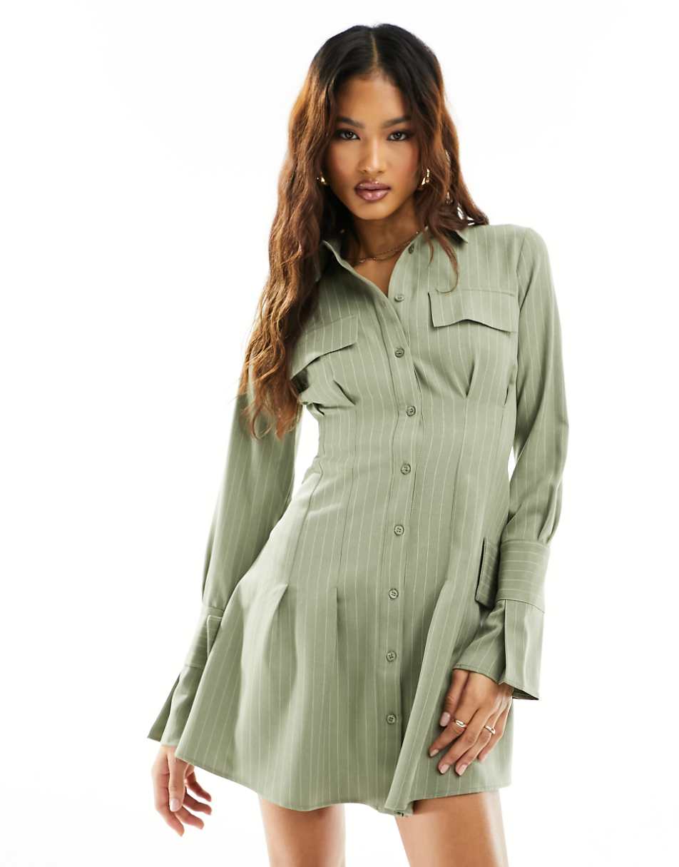 ASOS DESIGN mini shirt dress with oversized cuff detail in khaki pinstripe