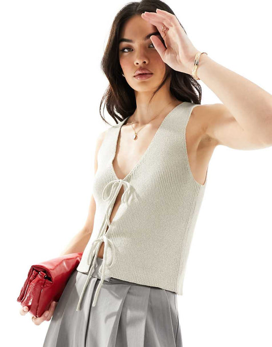 ASOS DESIGN knit vest with tie front in gray