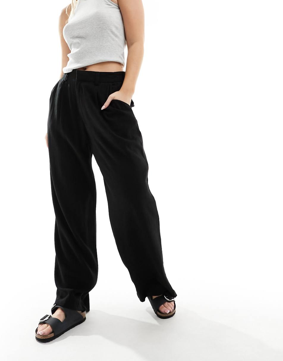 ASOS DESIGN Hourglass Wide leg dad pants with linen in black