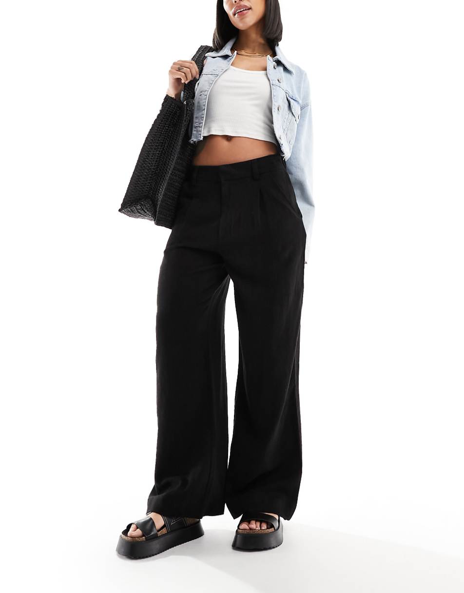ASOS DESIGN Wide leg dad pants with linen in black