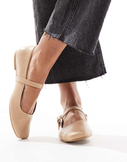 ASOS DESIGN Wide Fit Lottie Mary Jane ballet flats in beige