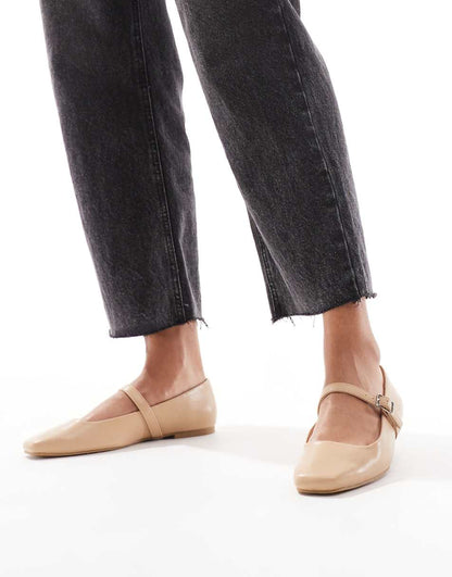 ASOS DESIGN Wide Fit Lottie Mary Jane ballet flats in beige