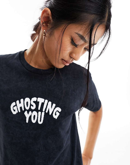 Miss Selfridge Halloween short sleeve ghosting you graphic baby tee in washed charcoal