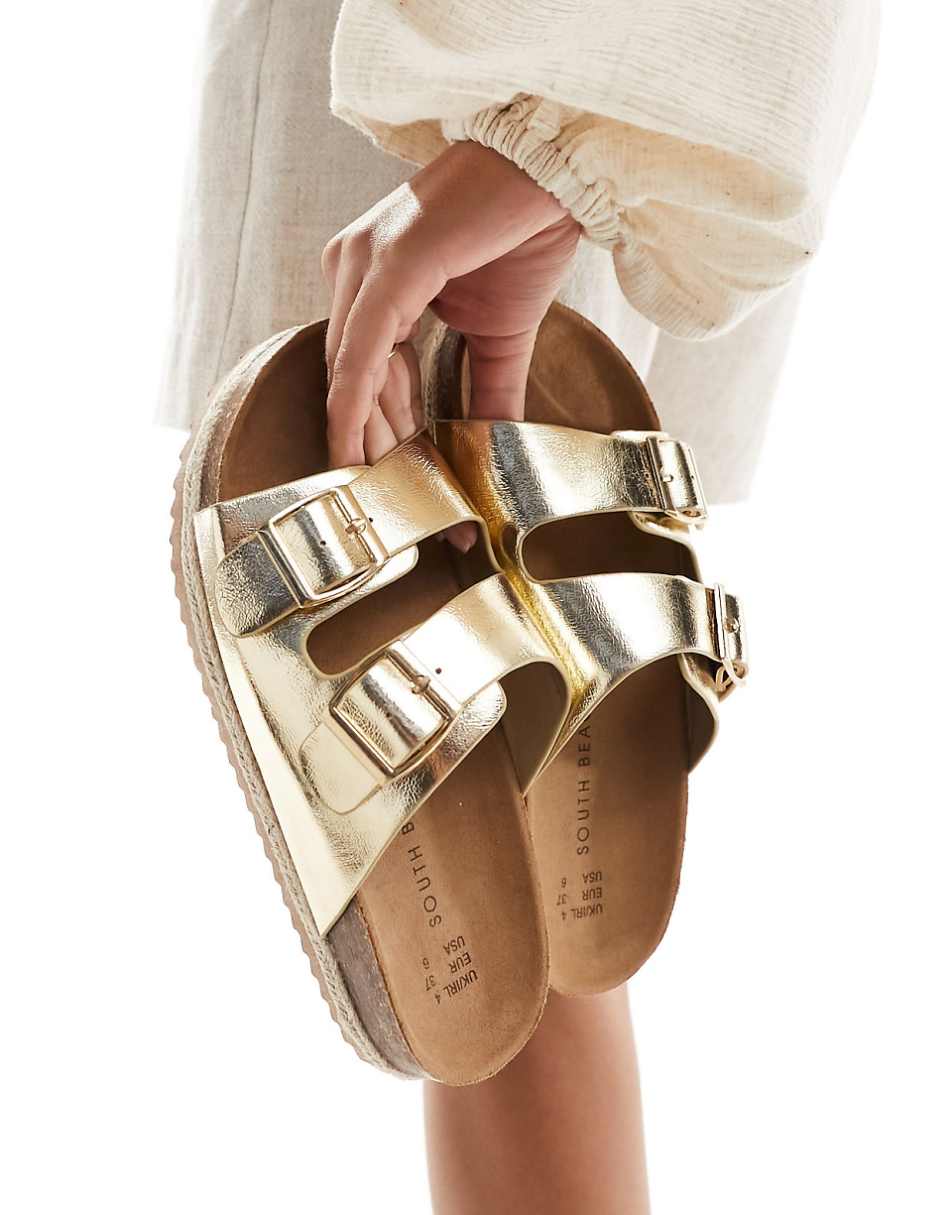 South Beach double buckle espadrille sandals in gold