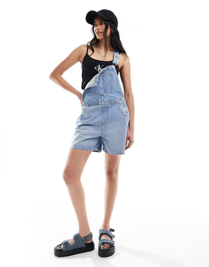 ASOS DESIGN short denim overalls in mid blue