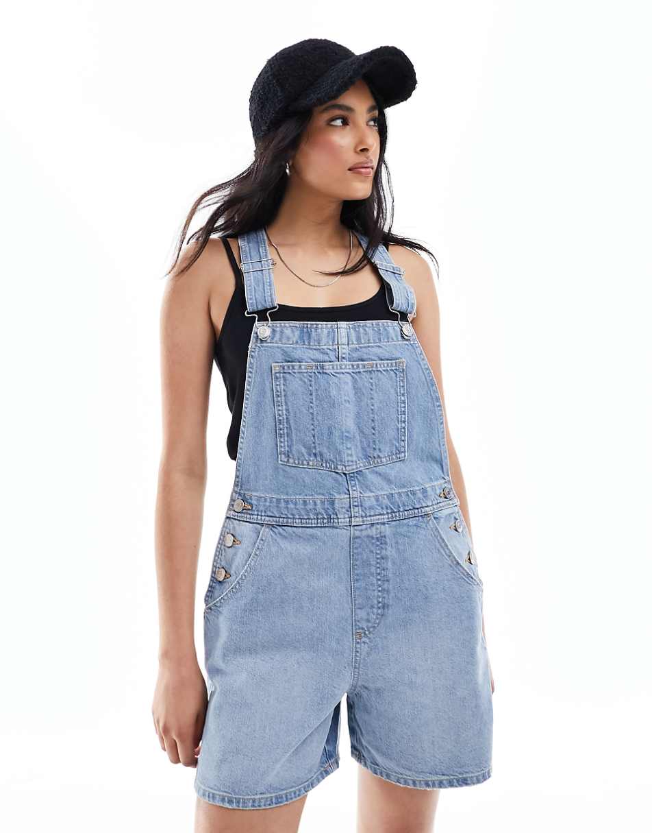 ASOS DESIGN short denim overalls in mid blue