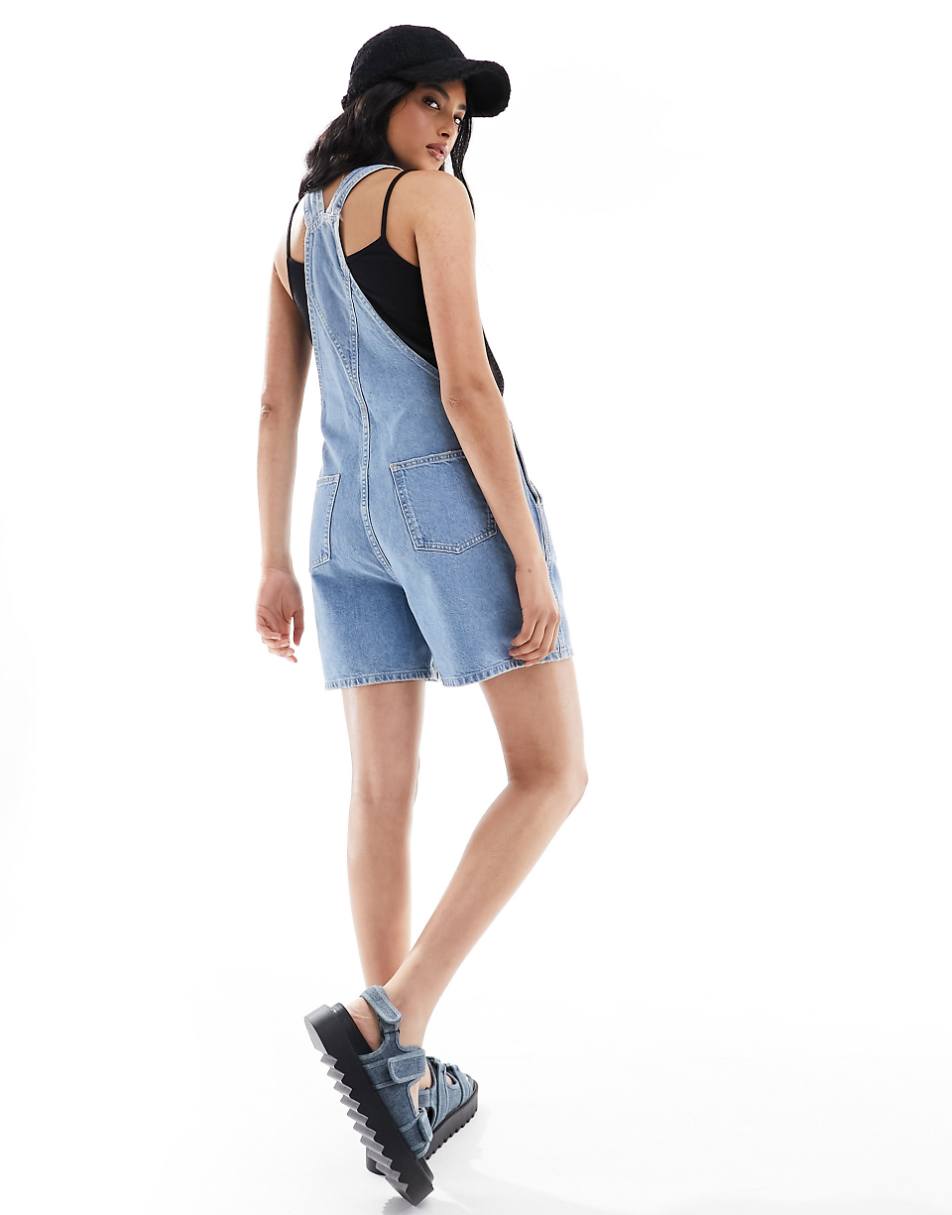 ASOS DESIGN short denim overalls in mid blue