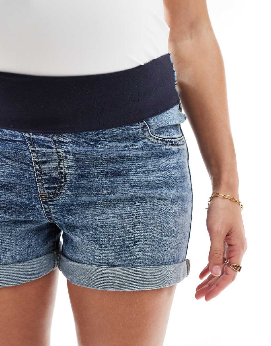 ASOS DESIGN Maternity denim comfort mom shorts in midwash blue