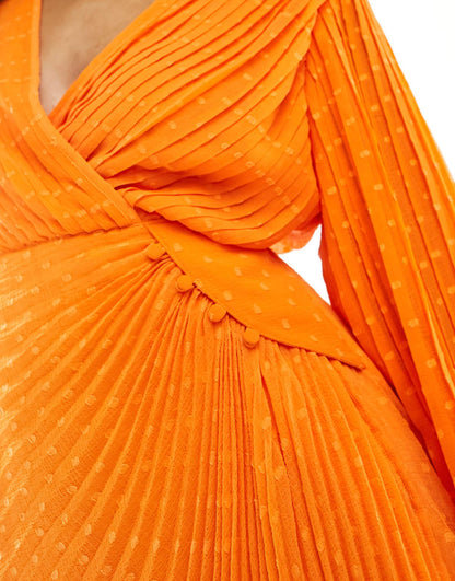 ASOS DESIGN pleated textured chiffon wrap button detail mini dress in bright orange