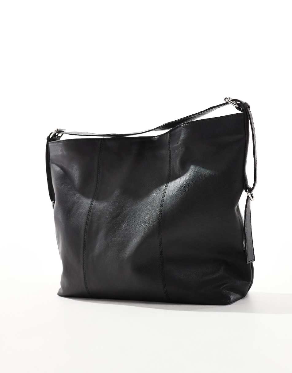 ASOS DESIGN leather buckle detail tote bag in black