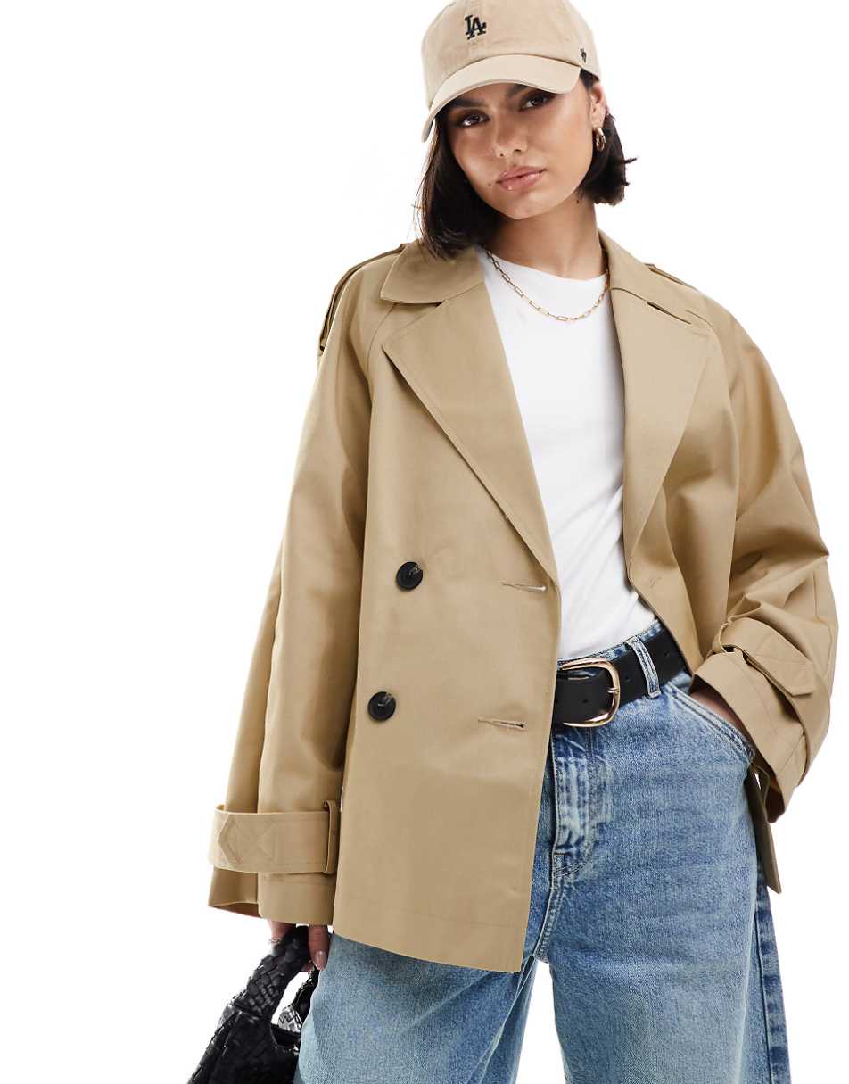 ASOS DESIGN short trench coat in stone