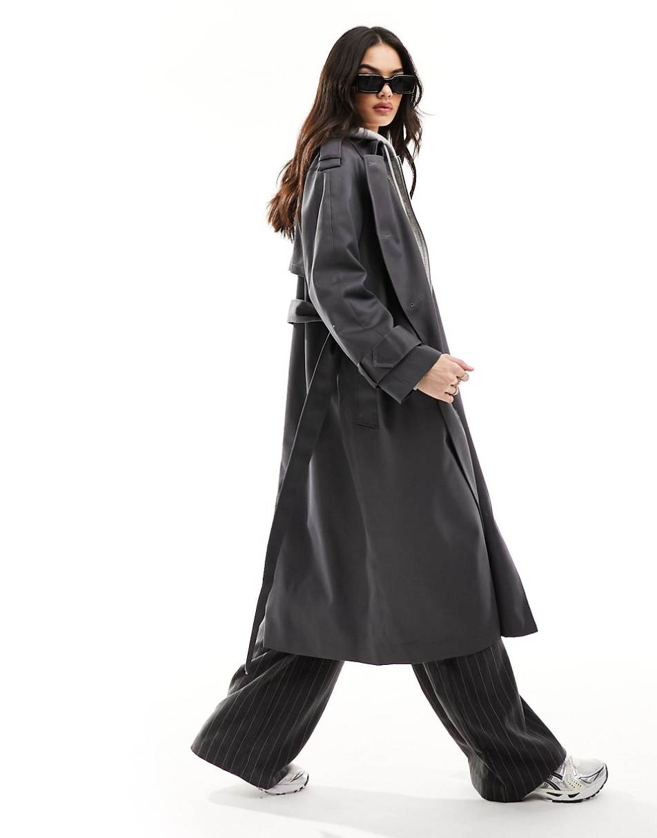 ASOS DESIGN longline trench coat in charcoal