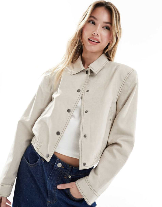 ASOS DESIGN linen mix tailored bomber jacket with collar in stone