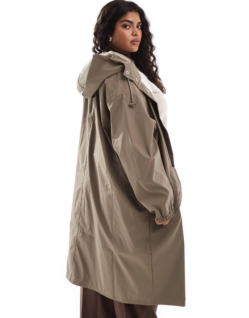 ASOS DESIGN Curve rubberized rain parka coat in mushroom