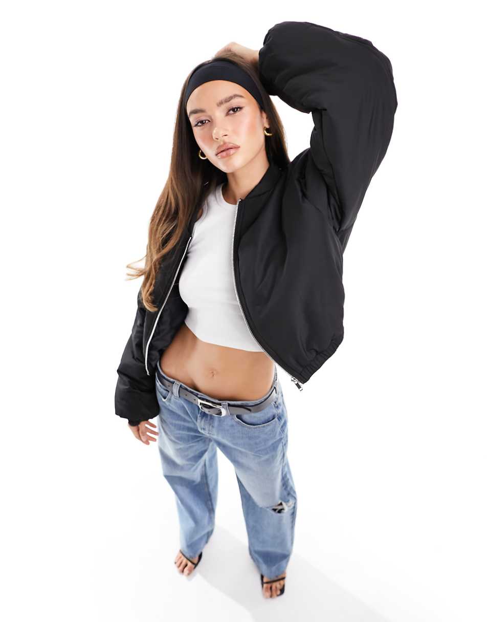 NA-KD cropped padded bomber jacket in black