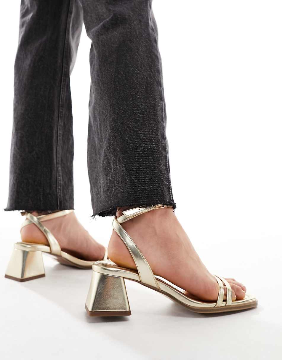 ASOS DESIGN Wide Fit Honeydew mid block heeled sandals in gold