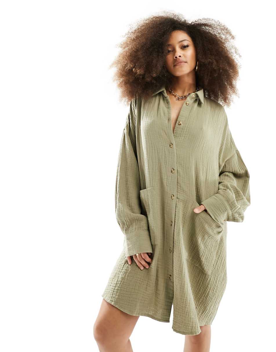 ASOS DESIGN double cloth oversized shirt dress with dropped pockets in khaki