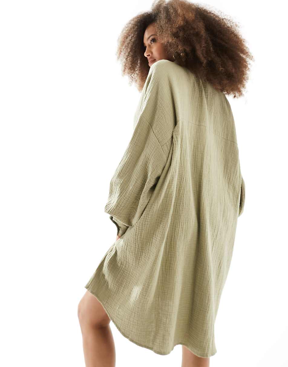 ASOS DESIGN double cloth oversized shirt dress with dropped pockets in khaki