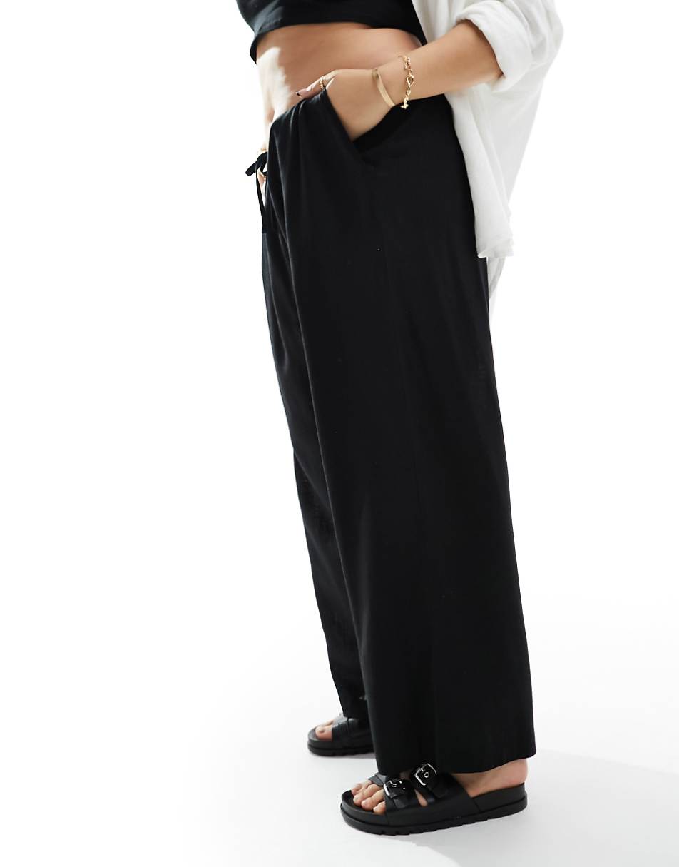 ASOS DESIGN Curve wide leg pull on pants with linen in black