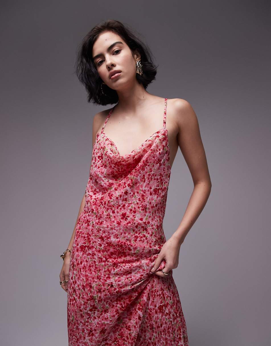 Topshop occasion maxi slip dress in red floral print