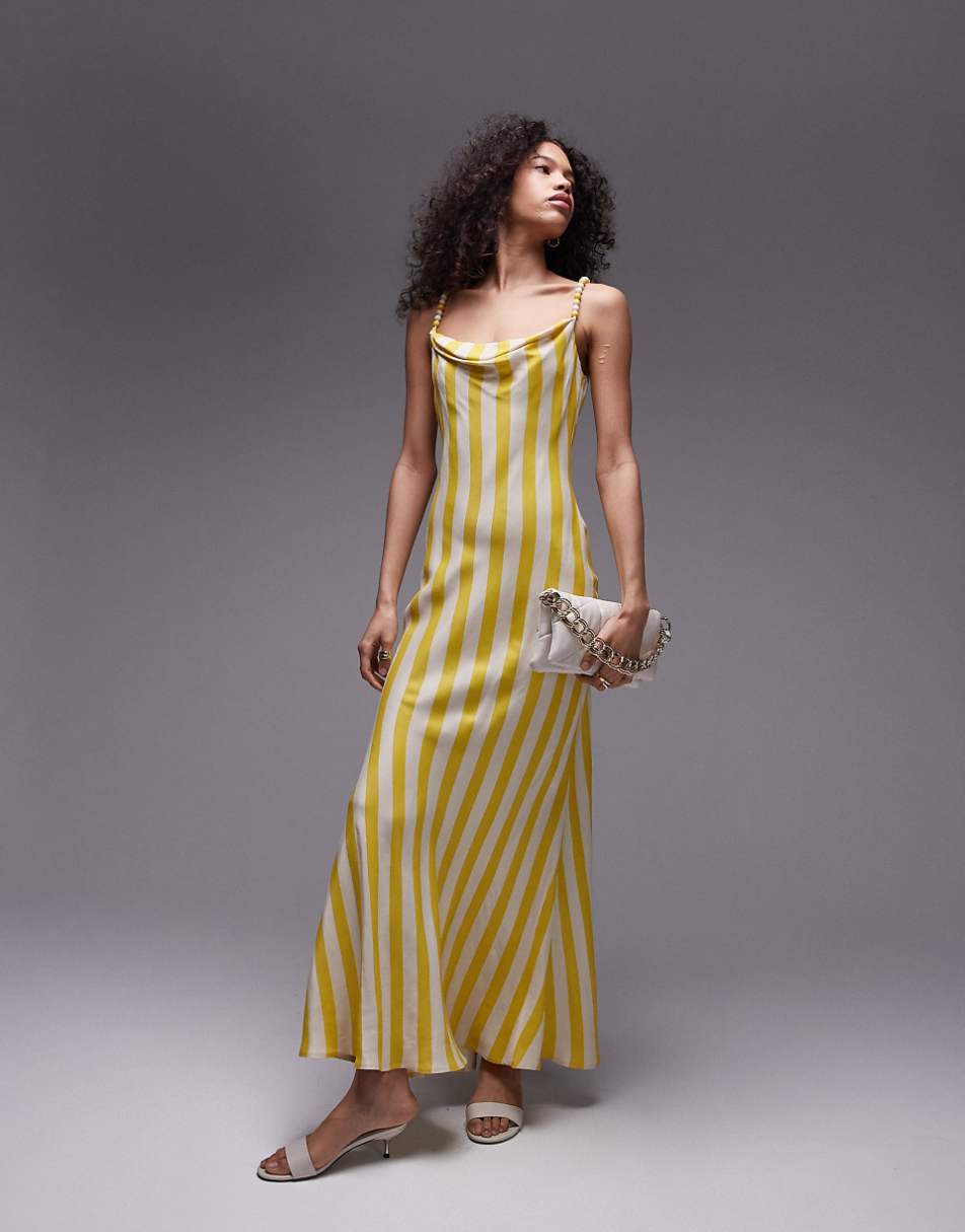 Topshop premium cami slip midi dress with beaded straps in yellow stripe print