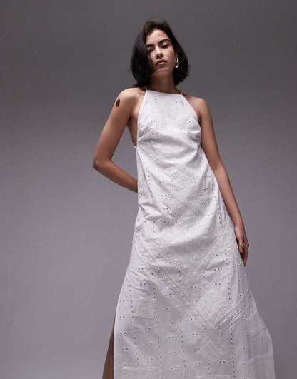 Topshop premium halter lace and broderie midi dress in ivory