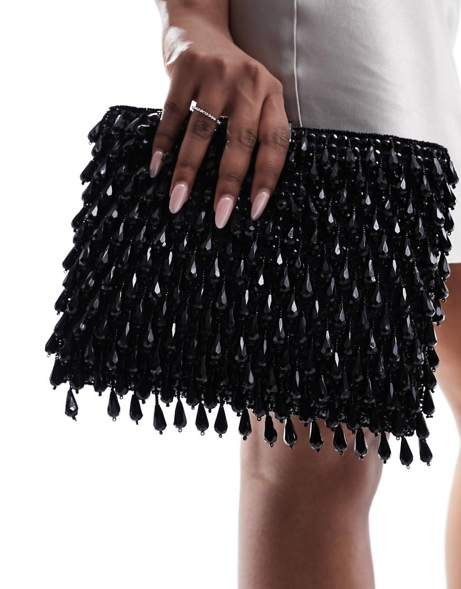 ASOS DESIGN zip top clutch bag in all over beads in black