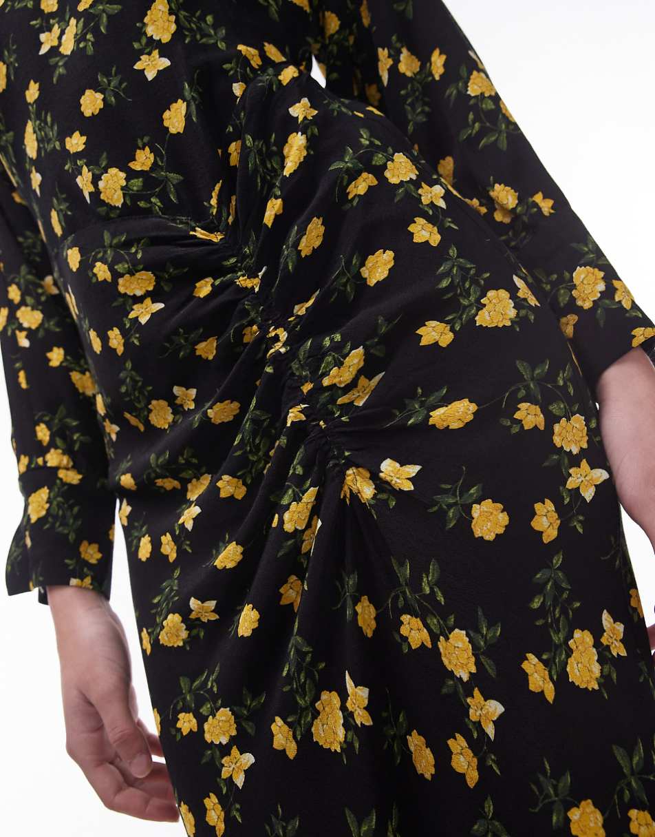 Topshop ruched front detail midi dress in yellow floral