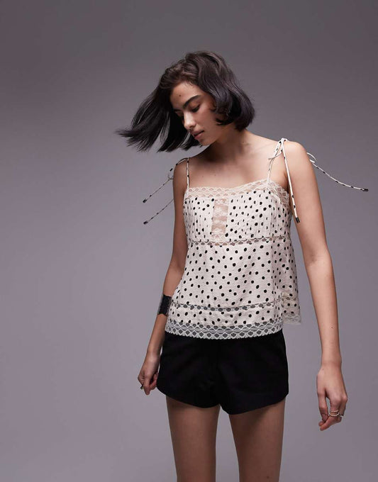 Topshop polka dot lace mix cami top in ivory