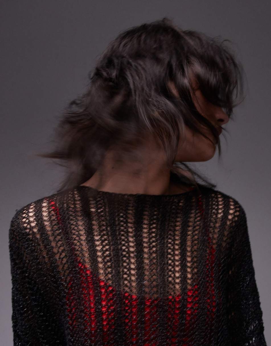 Topshop knit sheer knit sweater in black