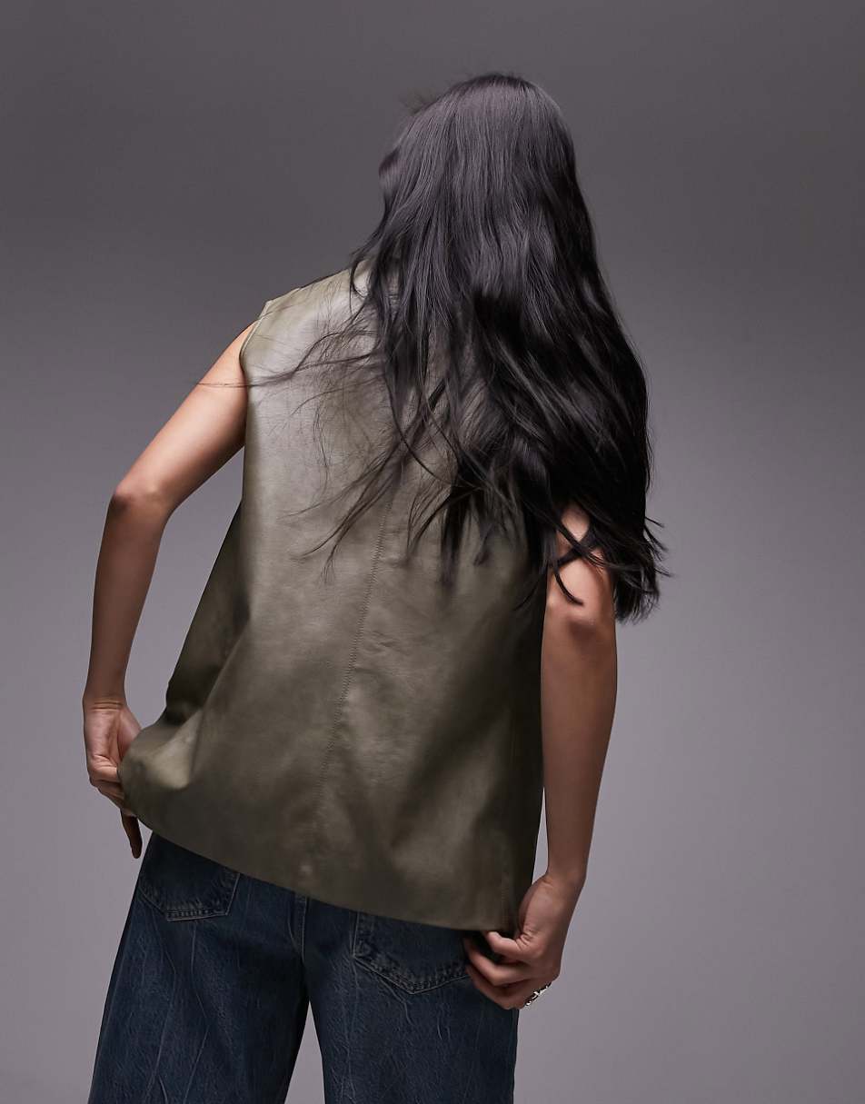 Topshop oversized faux leather vest in sage