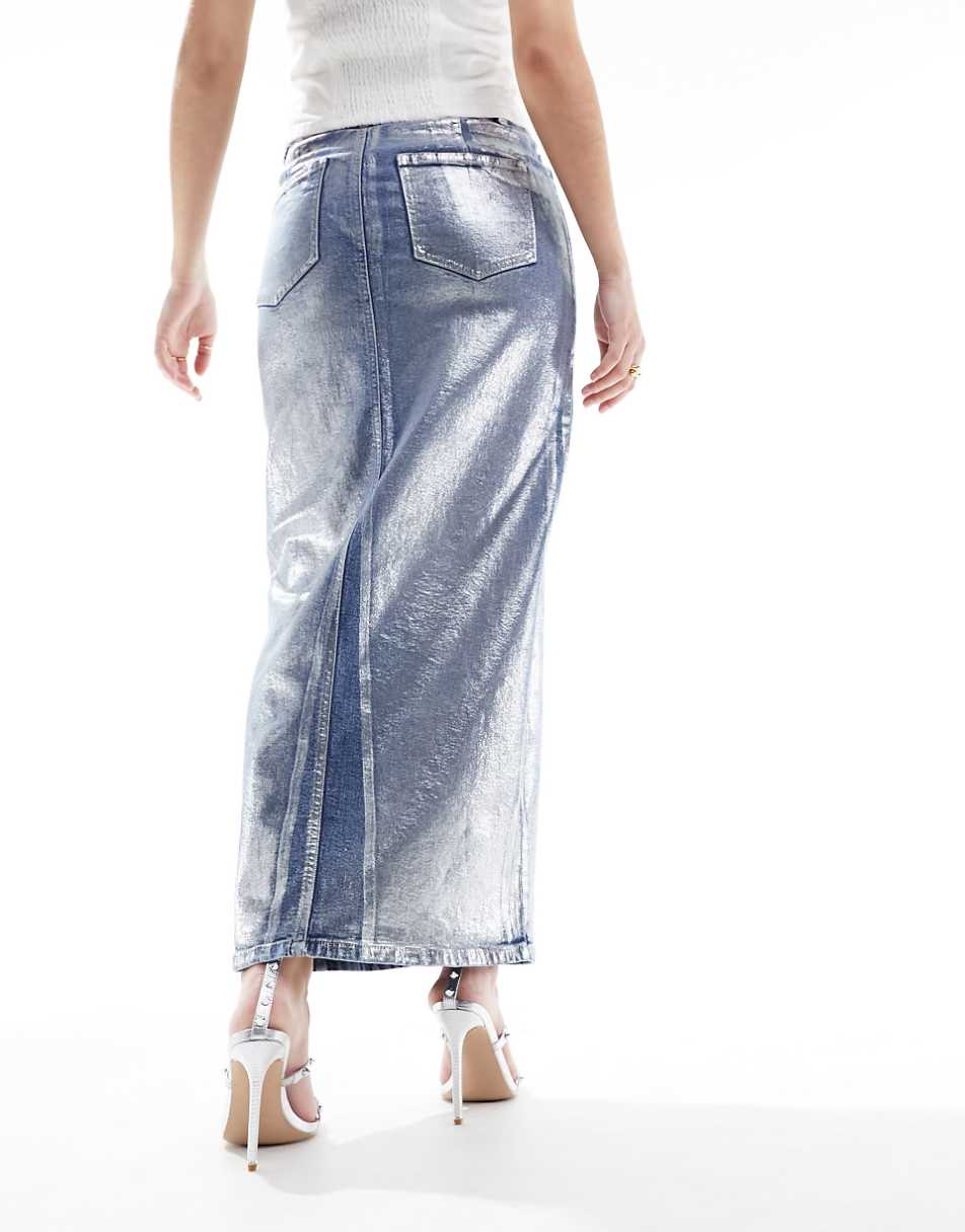 ASOS DESIGN denim maxi skirt with split front in metallic silver