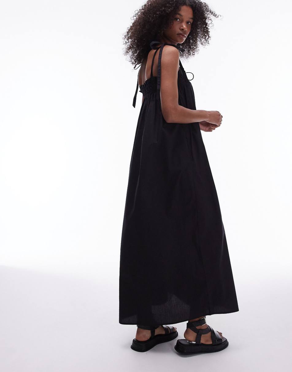 Topshop poplin ruched bust maxi dress in black