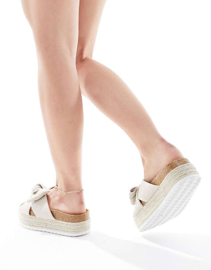 ASOS DESIGN Wide Fit Thankful bow detail flatform sandals in natural fabrication